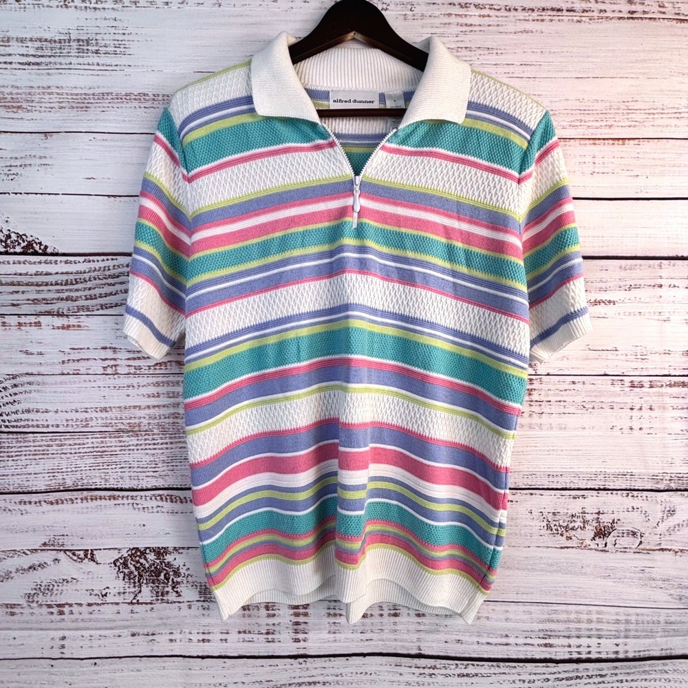 Vintage 90s Pastel‎ Striped Knit Polo Top M Grannycore Mom Twee Dopamine Fun